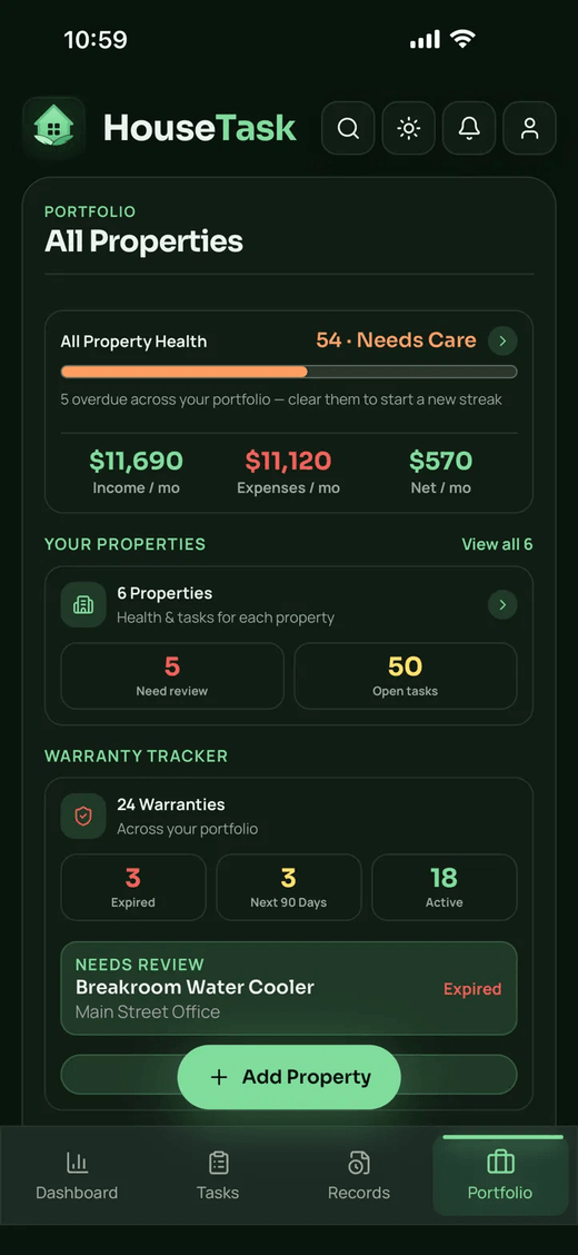 HouseTask portfolio screen — all properties with health scores and maintenance spend.