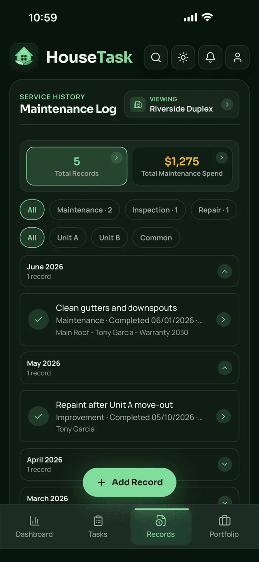 HouseTask maintenance log — completed service records with costs, contractors, and warranties.